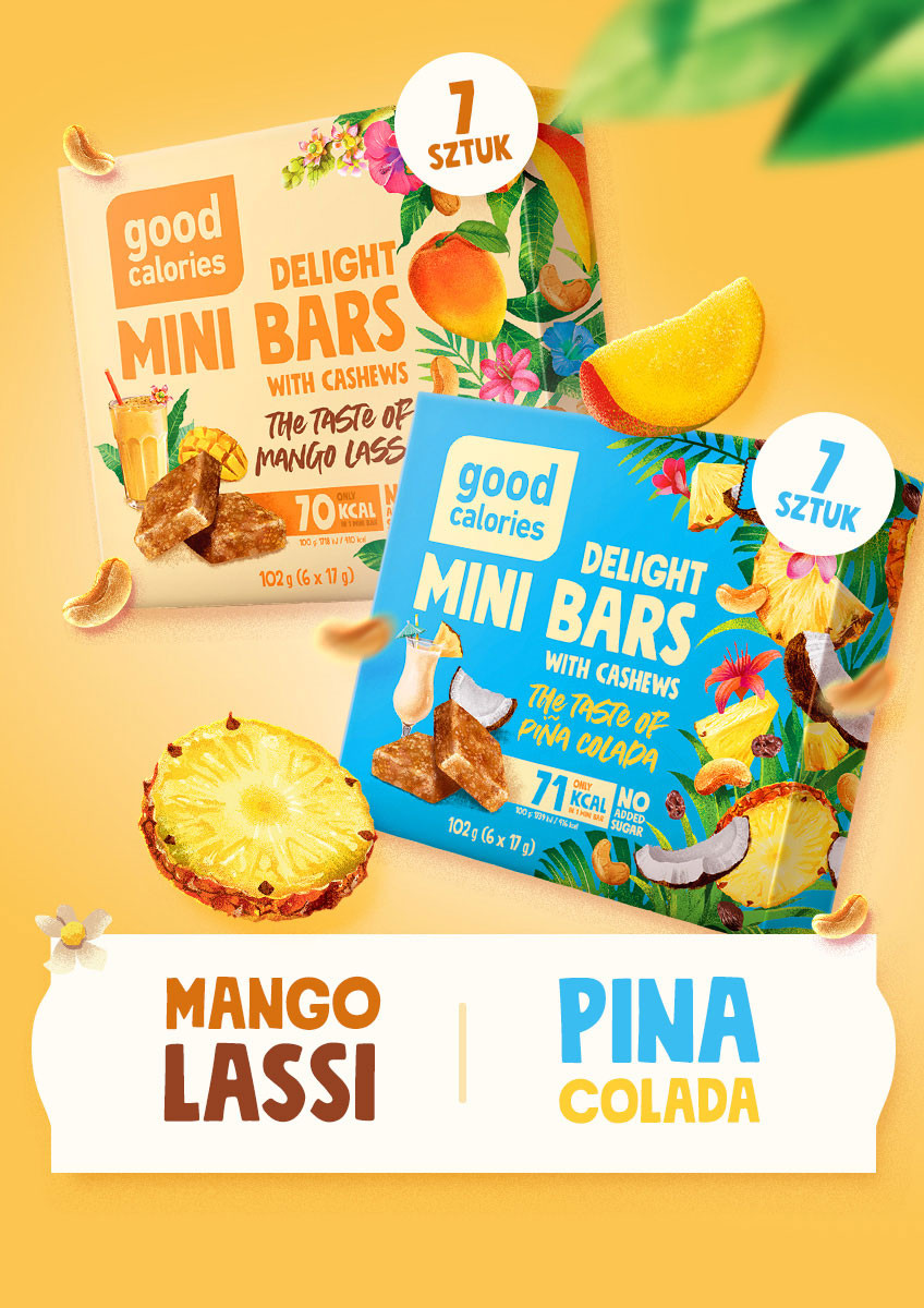 Wszystkie produkty - 14 pudełek Mini batoników - mix smaków mango lassi i piña colada - Good Calories. - produkt dobrakaloria.pl 1