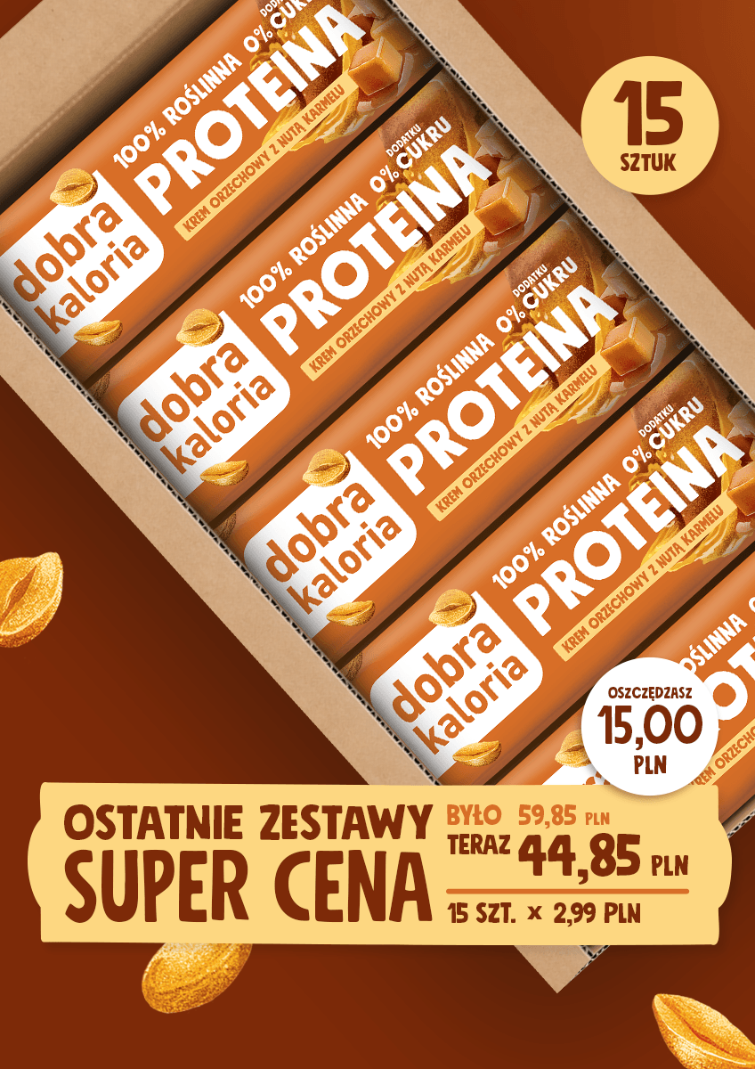 Zestawy słodyczy - Baton proteinowy krem orzechowy z nutą karmelu 15 x 45g - produkt dobrakaloria.pl 1